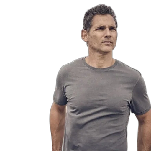 man, gray, t-shirt, stands, outdoors, cloudy, sky, background transparent PNG cut-out