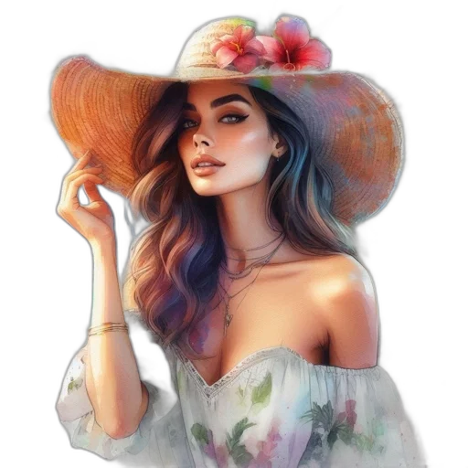 hat, dress, face, crown, watercolor, photorealistic, oil painting, fantasy art transparent PNG cut-out