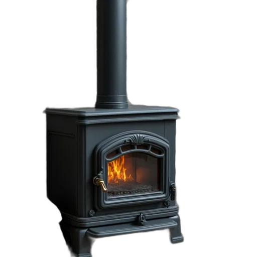 furniture, 3d render, photorealistic, fire, small, stove, metal, pipe transparent PNG cut-out