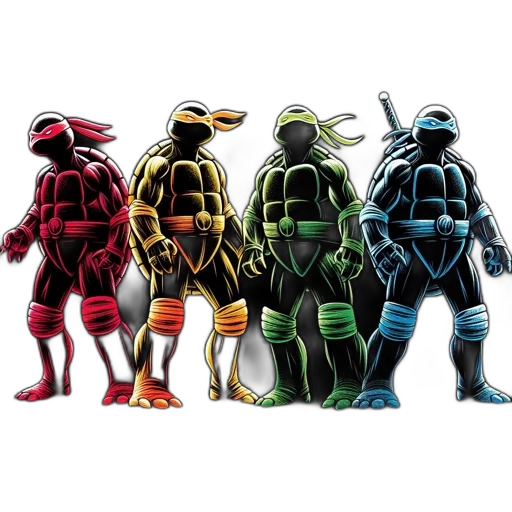 comic book art, concept art, pixel art, neon, colorful, monochrome, four, ninja transparent PNG cut-out