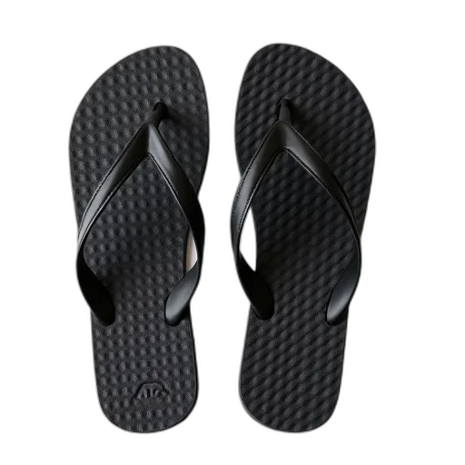 shoes, 3d render, pair, black, waffle-patterned, flip-flops, placed, white transparent PNG cut-out