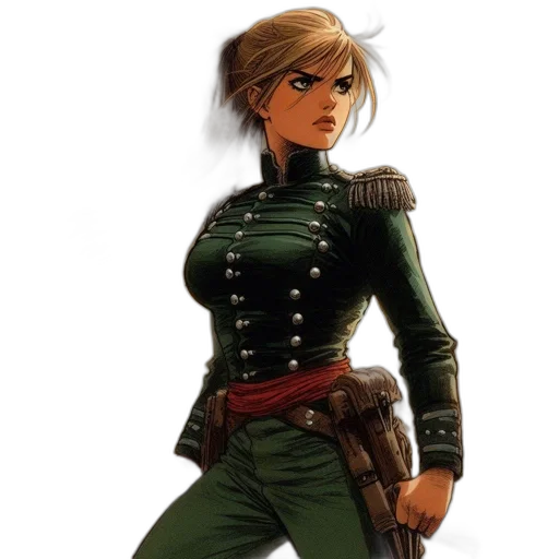 jacket, concept art, comic book art, pixel art, fantasy art, green, earth tones, female transparent PNG cut-out