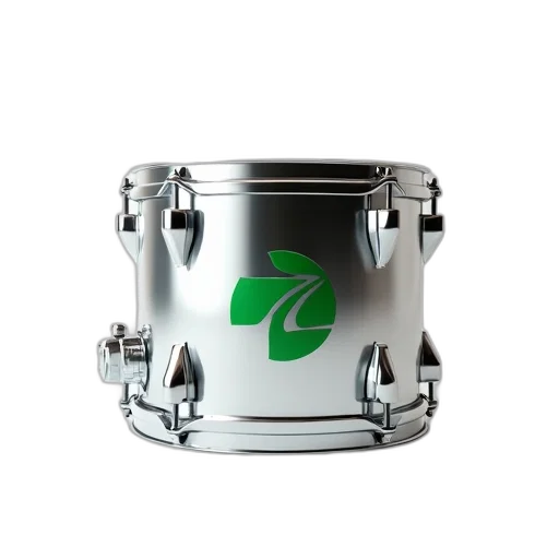 3d render, shiny, silver, drum, green, logo, side, placed transparent PNG cut-out
