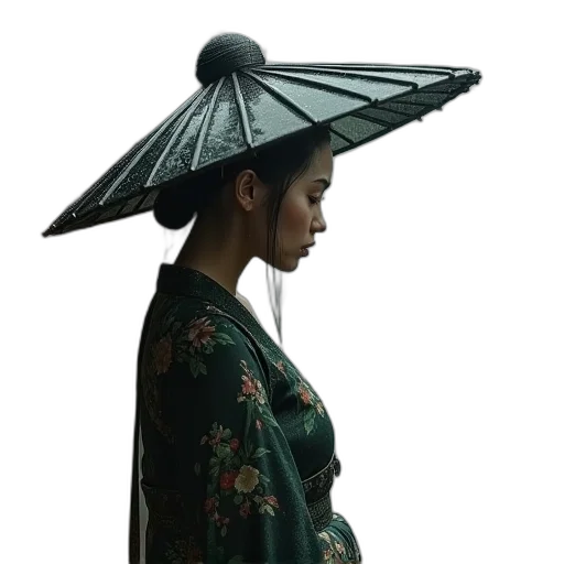 umbrella, hat, dress, staff, photorealistic, concept art, 3d render, cyberpunk transparent PNG cut-out