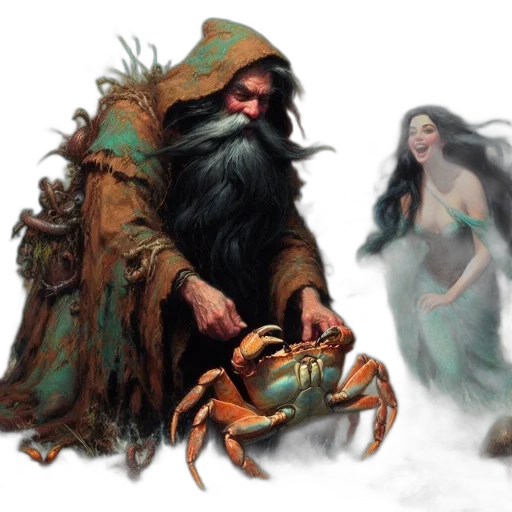 concept art, fantasy art, underwater, fog, snow, elderly, man, seaweed-covered transparent PNG cut-out