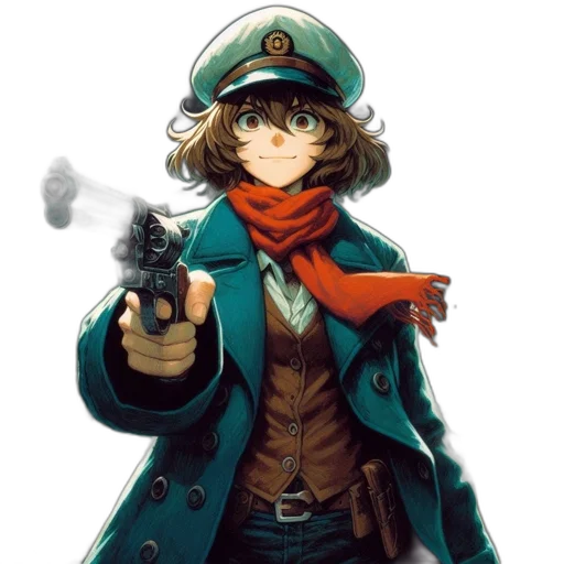 weapon, jacket, staff, hat, concept art, comic book art, anime, pixel art transparent PNG cut-out