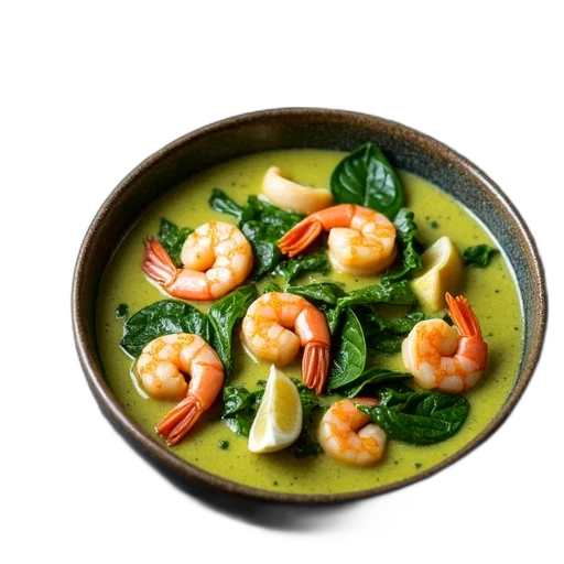 food, green, thai, curry, soup, shrimp, spinach, palm transparent PNG cut-out