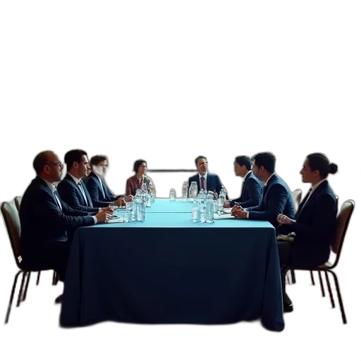 staff, concept art, 3d render, group, people, seated, long, table transparent PNG cut-out