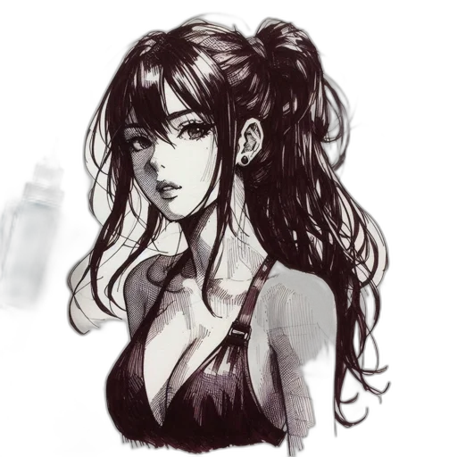 dress, hair, face, concept art, fantasy art, anime, pencil sketch, monochrome transparent PNG cut-out