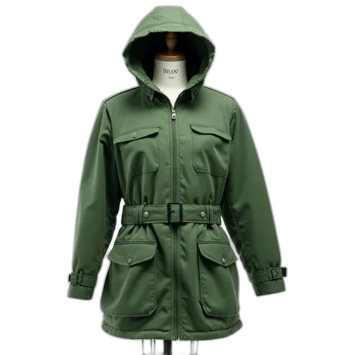 jacket, green, coat, hood, displayed, mannequin, has, zipper transparent PNG cut-out