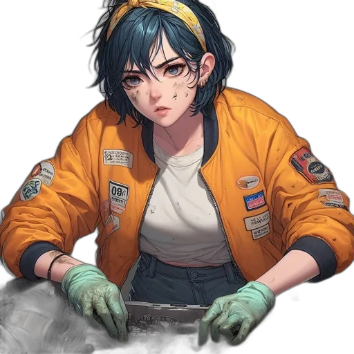 jacket, staff, weapon, face, concept art, cyberpunk, anime, comic book art transparent PNG cut-out