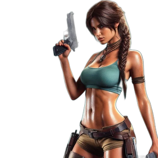 weapon, concept art, fantasy art, pixel art, photorealistic, lara, croft, main transparent PNG cut-out