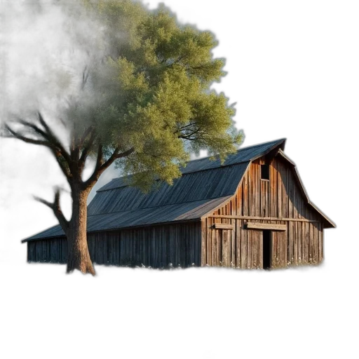 tree, building, photorealistic, concept art, 3d render, fantasy art, fog, forest transparent PNG cut-out