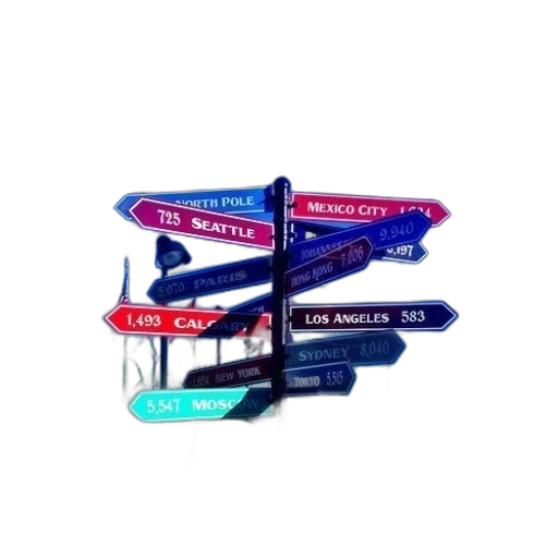 3d render, signpost, signs, pointing, cities, around, world transparent PNG cut-out