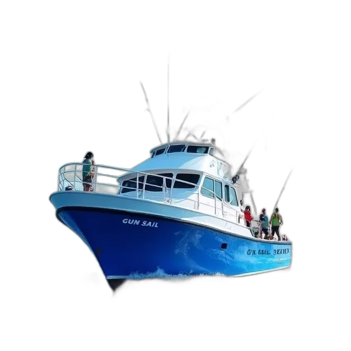 photorealistic, 3d render, concept art, blue, white, fishing, boat, gun transparent PNG cut-out