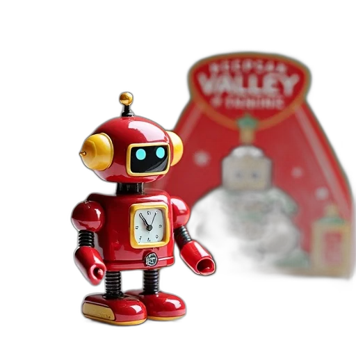 robot, 3d render, concept art, small, red, toy, clock, face transparent PNG cut-out