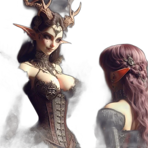 fantasy art, concept art, 3d render, photorealistic, dark, earth tones, two, female transparent PNG cut-out