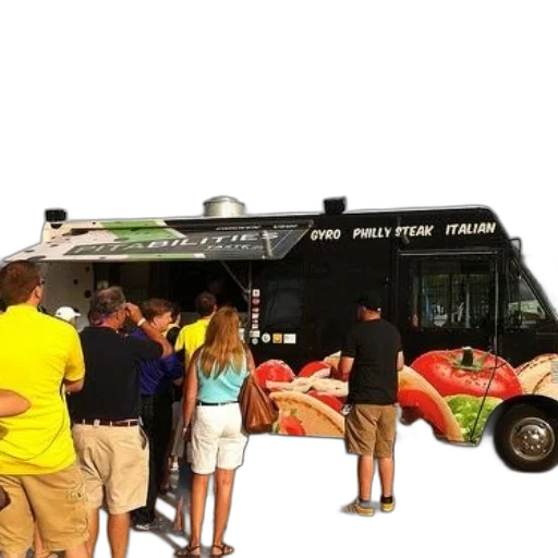 food, staff, group, people, stand, front, truck, serves transparent PNG cut-out
