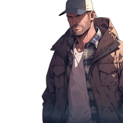 jacket, concept art, comic book art, cyberpunk, pixel art, earth tones, pastel, rugged transparent PNG cut-out