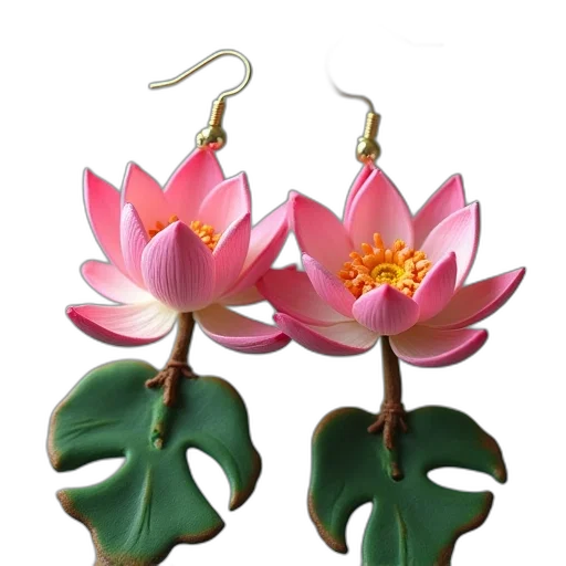 jewelry, flower, photorealistic, 3d render, lotus, polymer, clay, earrings transparent PNG cut-out