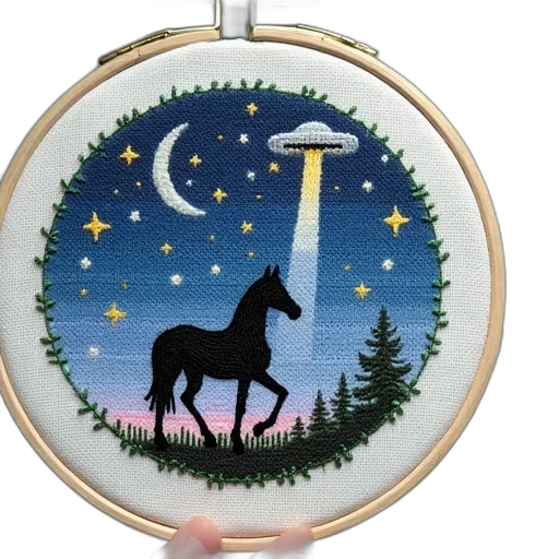 close-up, cross-stitch, embroidery, depicting, night, sky, stars, crescent transparent PNG cut-out