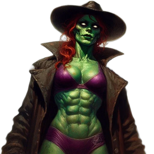 comic book art, concept art, fantasy art, photorealistic, figure, green, skin, resembling transparent PNG cut-out