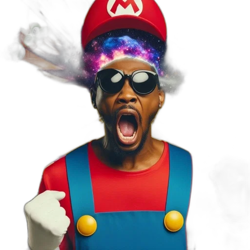 concept art, pixel art, cartoon, fantasy art, mario, costume-wearing, man, dramatic transparent PNG cut-out