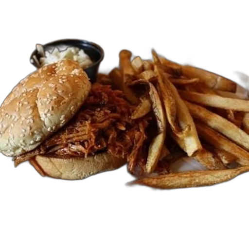 food, crown, pulled, pork, sandwich, fries, coleslaw, white transparent PNG cut-out