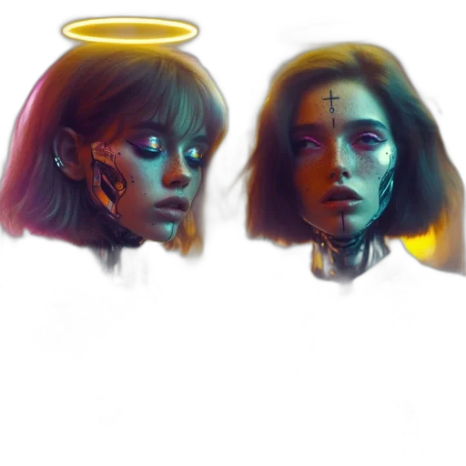 face, concept art, cyberpunk, photorealistic, fantasy art, neon lights, neon, blue transparent PNG cut-out