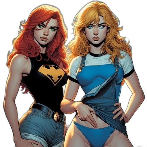 comic book art, concept art, cartoon, two, animated, characters, one, red transparent PNG cut-out