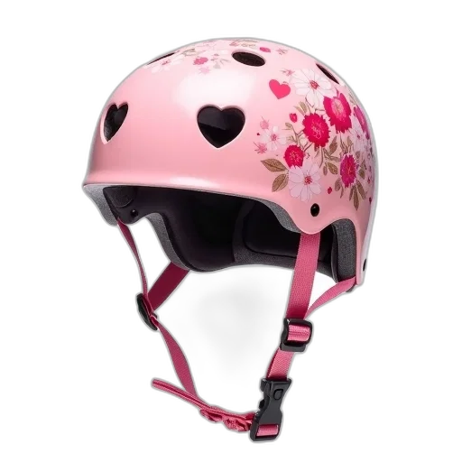 3d render, photorealistic, pink, helmet, floral, design, heart-shaped, cutouts transparent PNG cut-out