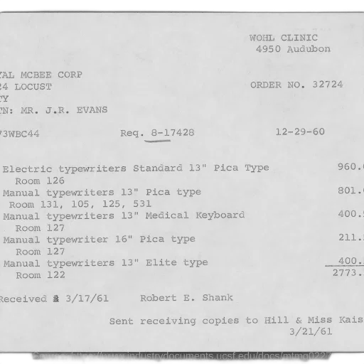 receipt, wohl, clinic, purchase, various, typewriters, december, 1960 transparent PNG cut-out