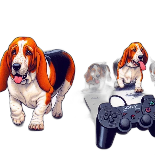 pixel art, concept art, 3d render, photorealistic, animated, basset, hound, ensemble transparent PNG cut-out