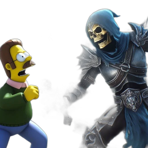 concept art, ned, flanders, simpsons, confronts, menacing, grim, reaper-like transparent PNG cut-out