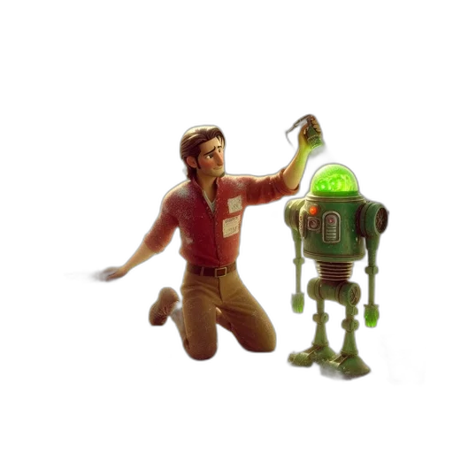 robot, creature, staff, 3d render, concept art, pixel art, comic book art, outer space transparent PNG cut-out