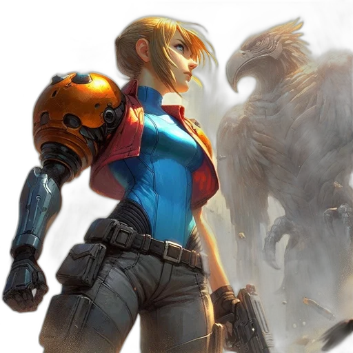 concept art, fantasy art, woman, futuristic, armor, wields, weapon, while transparent PNG cut-out