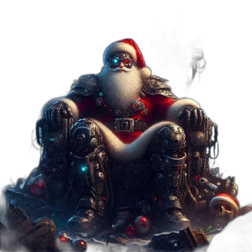 robot, concept art, cyberpunk, fantasy art, 3d render, robotic, santa, sits transparent PNG cut-out