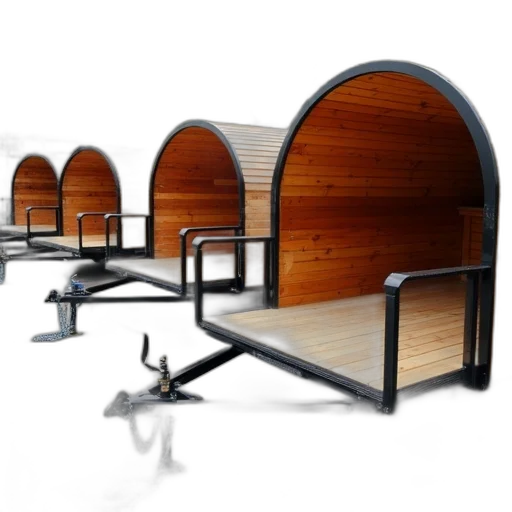 furniture, 3d render, concept art, row, wooden, camping, trailers, parked transparent PNG cut-out