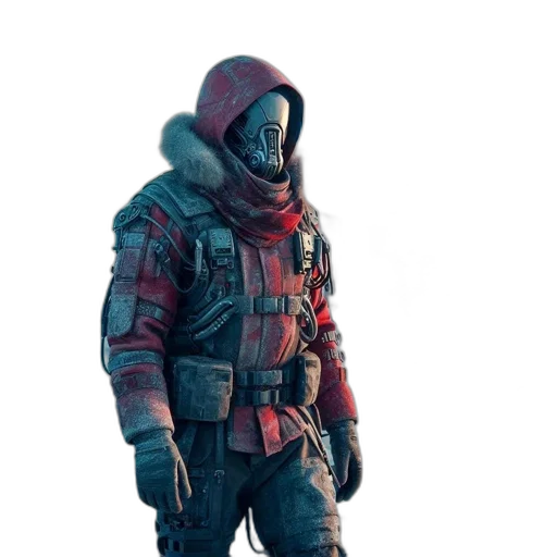 jacket, mask, robot, weapon, concept art, cyberpunk, 3d render, pixel art transparent PNG cut-out