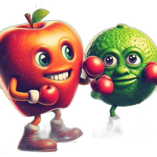 food, photorealistic, 3d render, concept art, two, anthropomorphic, fruits, apple transparent PNG cut-out