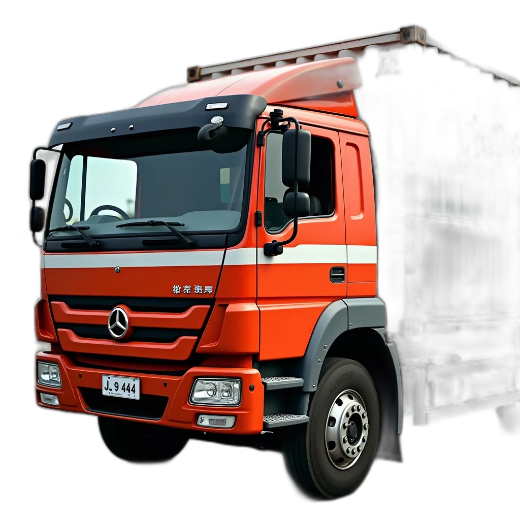 photorealistic, 3d render, red, white, truck, green, stripe, parked transparent PNG cut-out