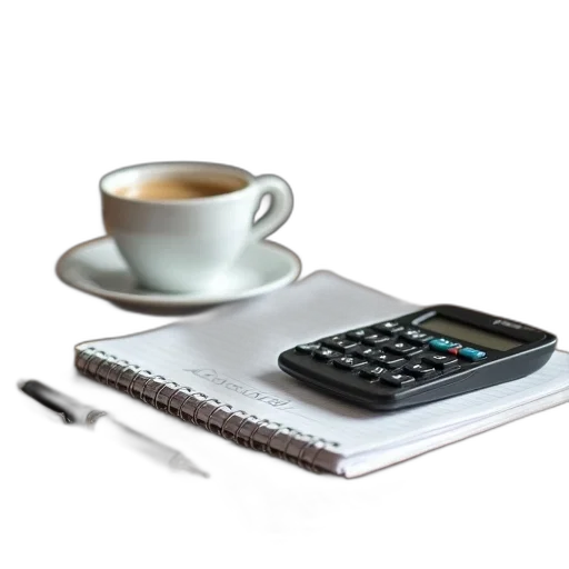 3d render, wooden, desk, cup, coffee, calculator, notebook, pen transparent PNG cut-out