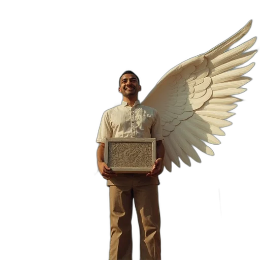 staff, 3d render, concept art, man, paper, wings, holding, item transparent PNG cut-out