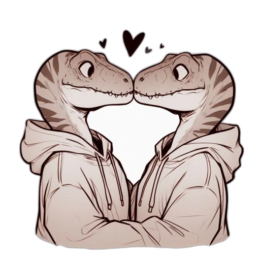 monochrome, two, anthropomorphic, dinosaurs, posing, lovingly, wear, hoodies transparent PNG cut-out