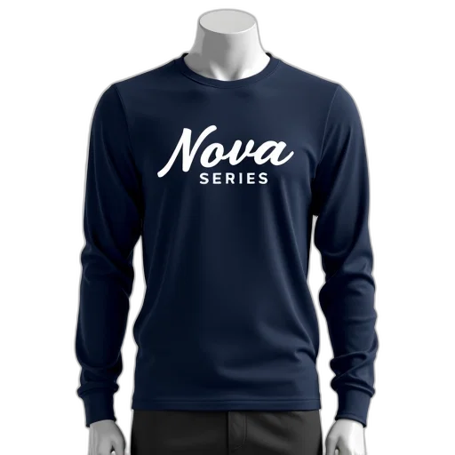 navy, blue, long-sleeve, shirt, white, logo, reads, nova transparent PNG cut-out