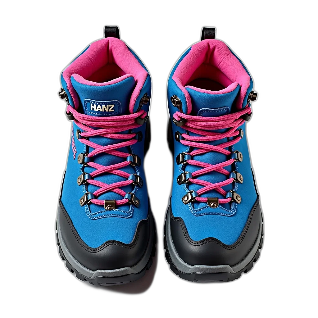 shoes, 3d render, neon, blue, pair, hiking, boots, pink transparent PNG cut-out
