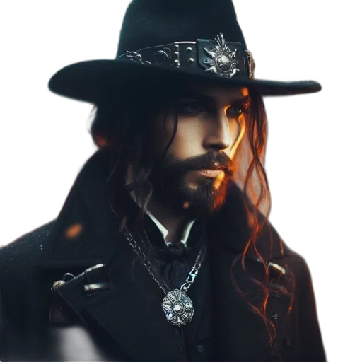 hat, fantasy art, concept art, photorealistic, cyberpunk, bearded, man, long transparent PNG cut-out