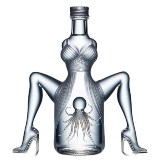bottle, dress, crown, concept art, photorealistic, 3d render, fantasy art, artistically transparent PNG cut-out