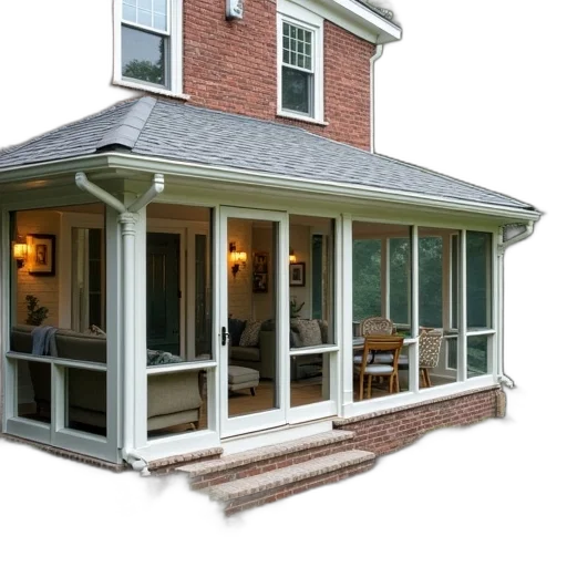 building, 3d render, photorealistic, sunroom, addition, screened, porchs, room transparent PNG cut-out