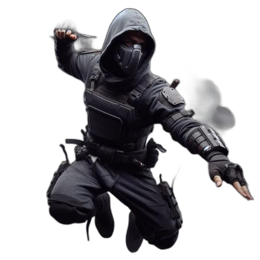 weapon, mask, staff, jacket, concept art, fantasy art, 3d render, pixel art transparent PNG cut-out